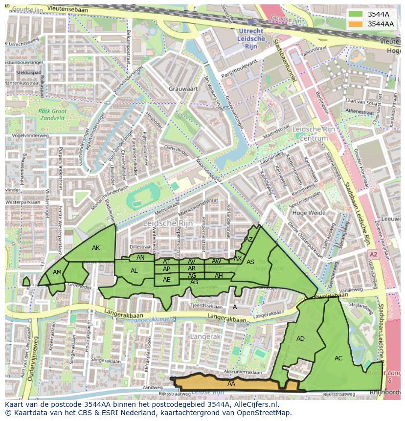 Afbeelding van het postcodegebied 3544 AA op de kaart.