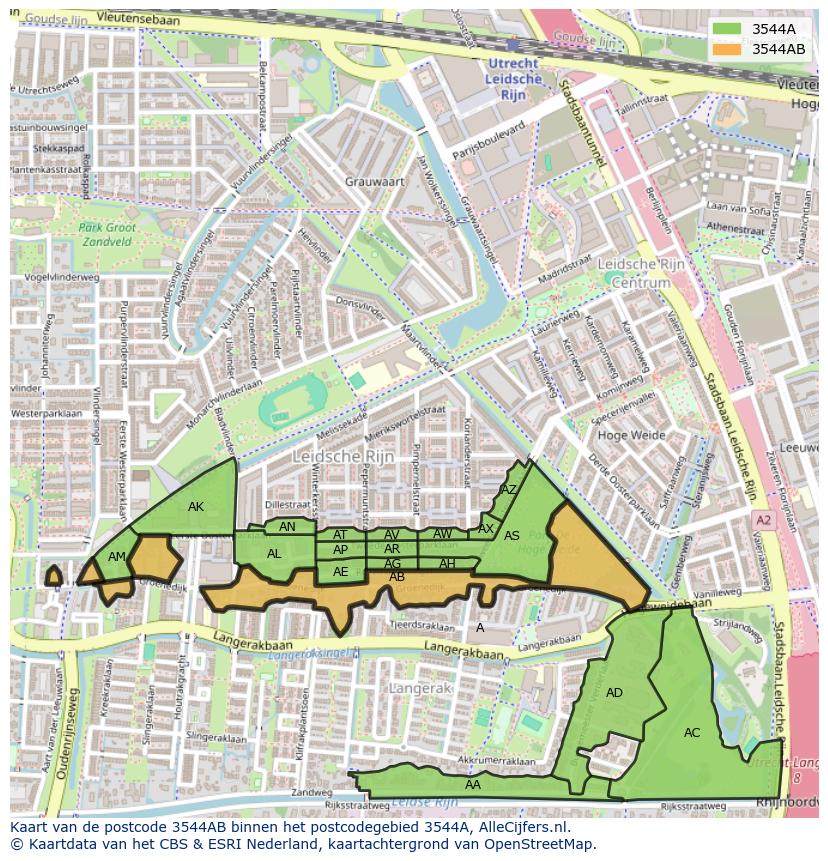 Afbeelding van het postcodegebied 3544 AB op de kaart.