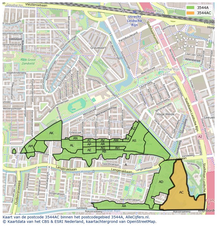 Afbeelding van het postcodegebied 3544 AC op de kaart.