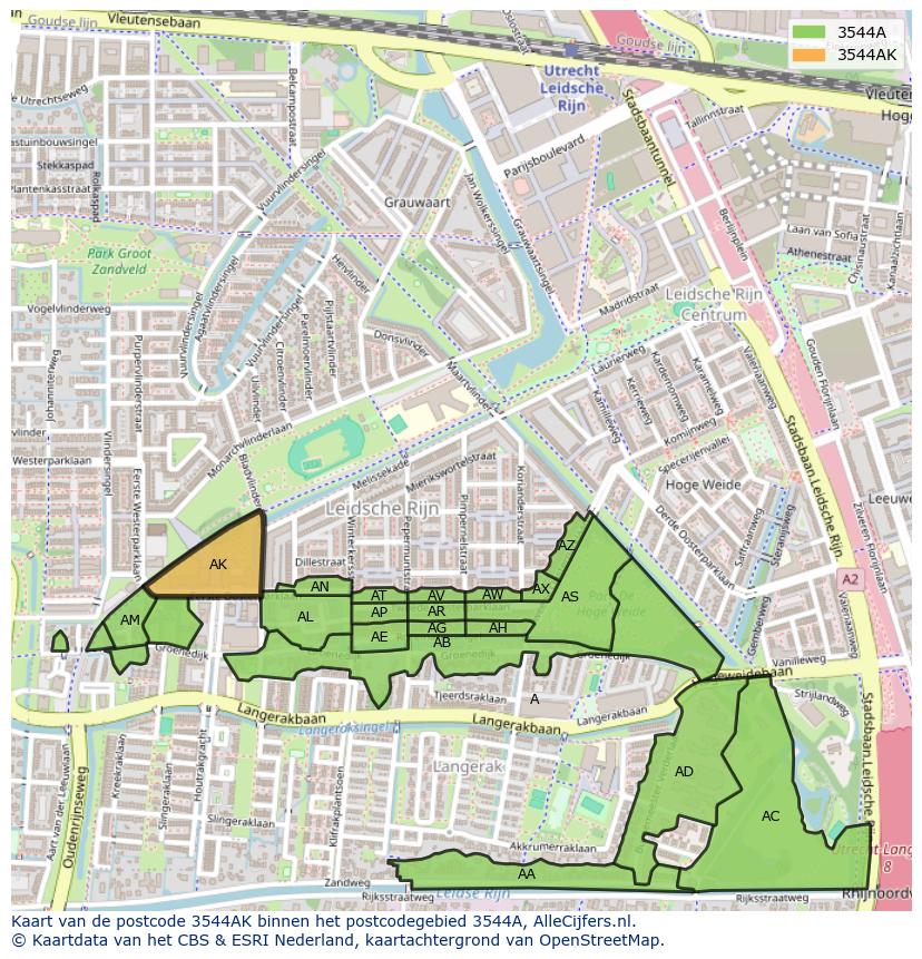 Afbeelding van het postcodegebied 3544 AK op de kaart.