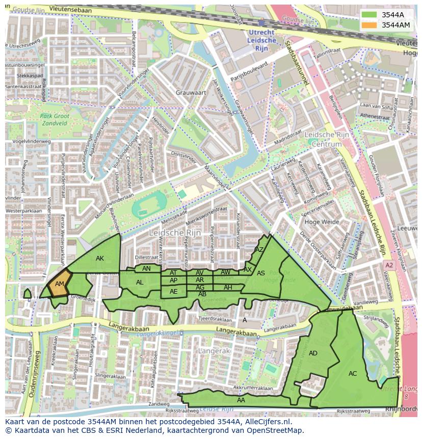 Afbeelding van het postcodegebied 3544 AM op de kaart.