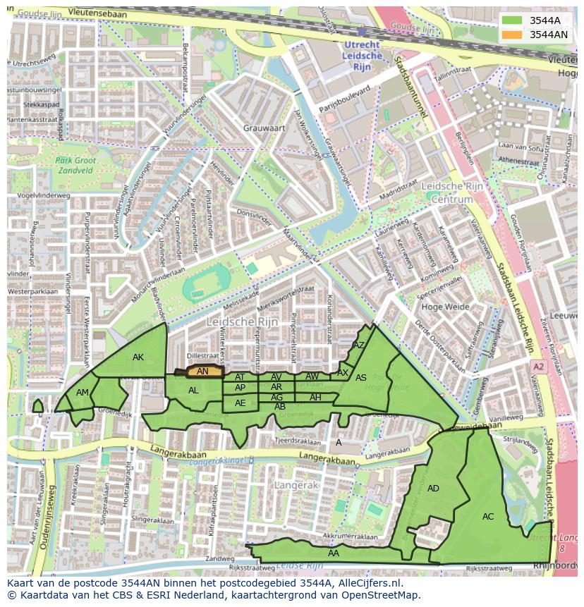 Afbeelding van het postcodegebied 3544 AN op de kaart.
