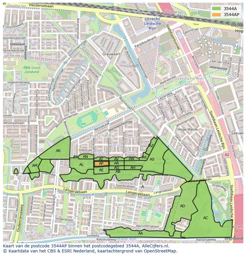 Afbeelding van het postcodegebied 3544 AP op de kaart.