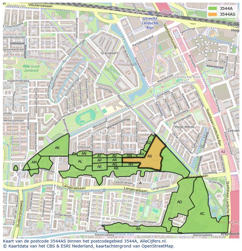 Afbeelding van het postcodegebied 3544 AS op de kaart.