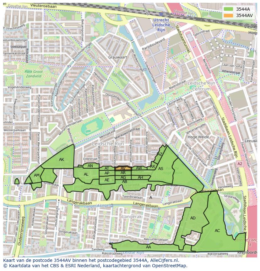 Afbeelding van het postcodegebied 3544 AV op de kaart.