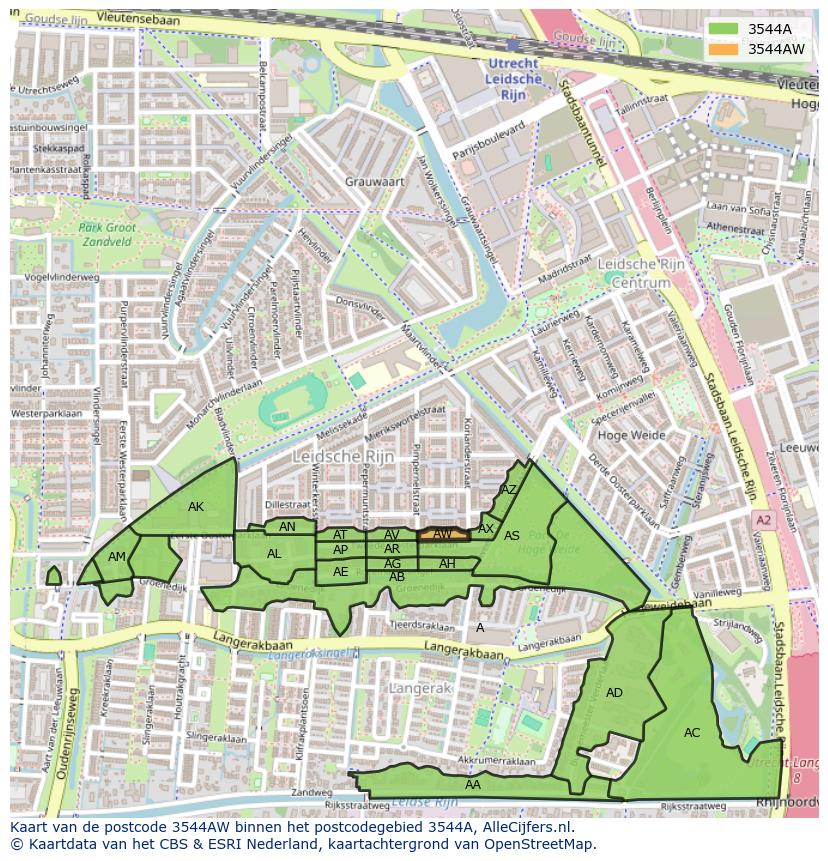 Afbeelding van het postcodegebied 3544 AW op de kaart.
