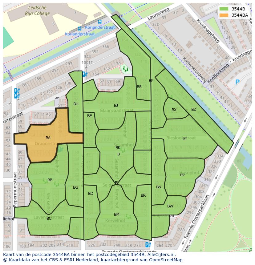 Afbeelding van het postcodegebied 3544 BA op de kaart.