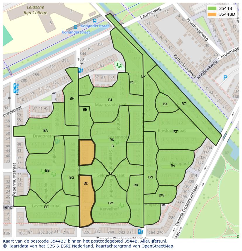 Afbeelding van het postcodegebied 3544 BD op de kaart.