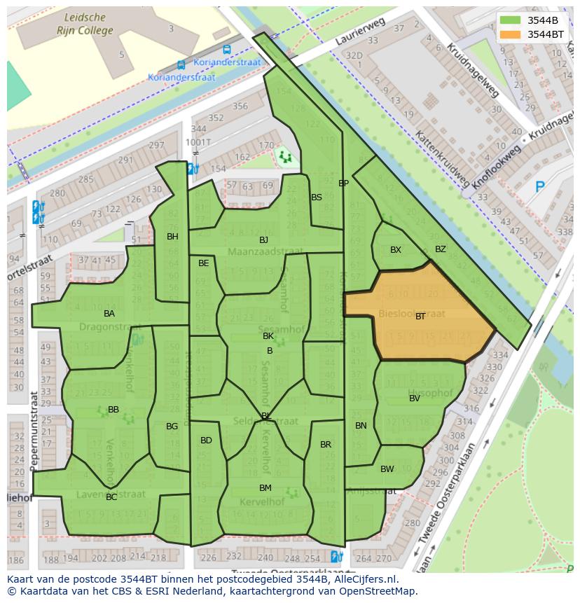 Afbeelding van het postcodegebied 3544 BT op de kaart.