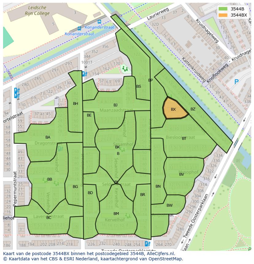 Afbeelding van het postcodegebied 3544 BX op de kaart.