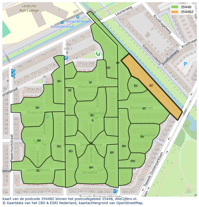 Afbeelding van het postcodegebied 3544 BZ op de kaart.