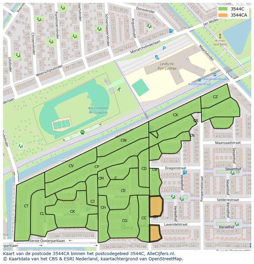 Afbeelding van het postcodegebied 3544 CA op de kaart.