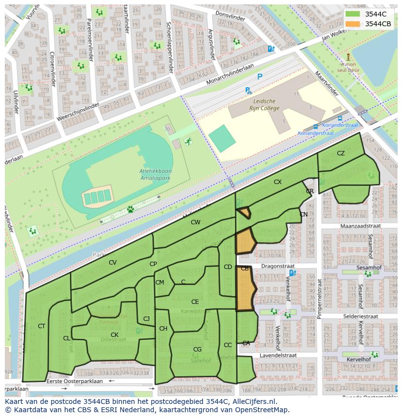 Afbeelding van het postcodegebied 3544 CB op de kaart.