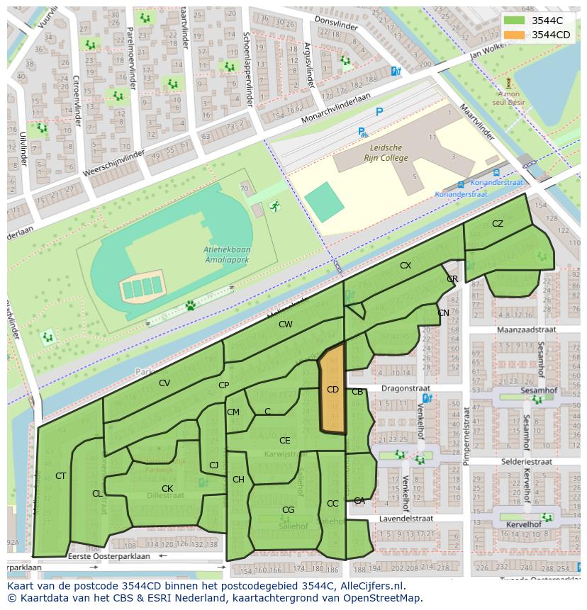 Afbeelding van het postcodegebied 3544 CD op de kaart.