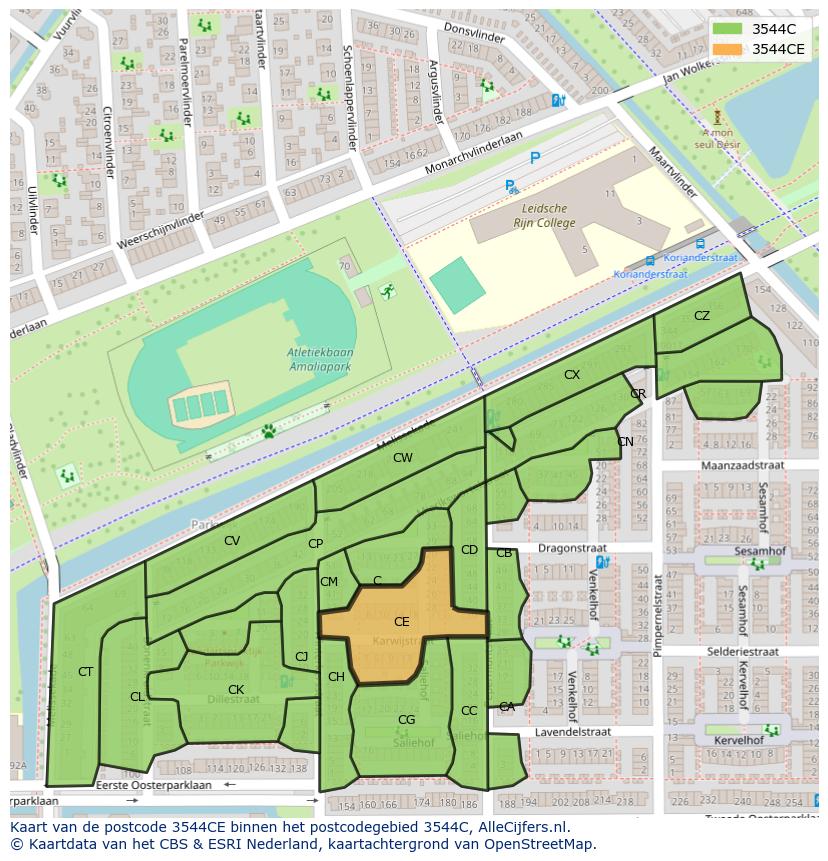 Afbeelding van het postcodegebied 3544 CE op de kaart.