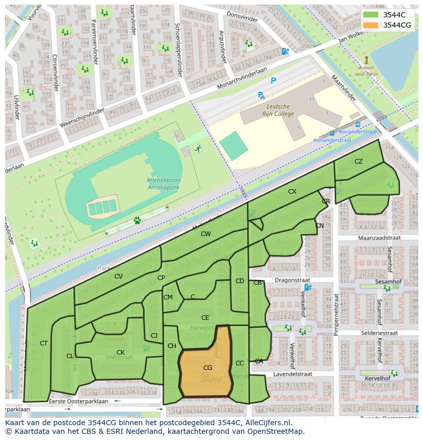 Afbeelding van het postcodegebied 3544 CG op de kaart.