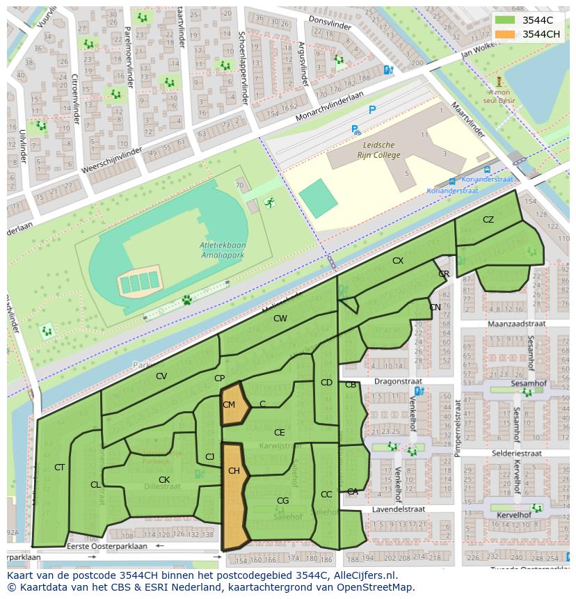 Afbeelding van het postcodegebied 3544 CH op de kaart.