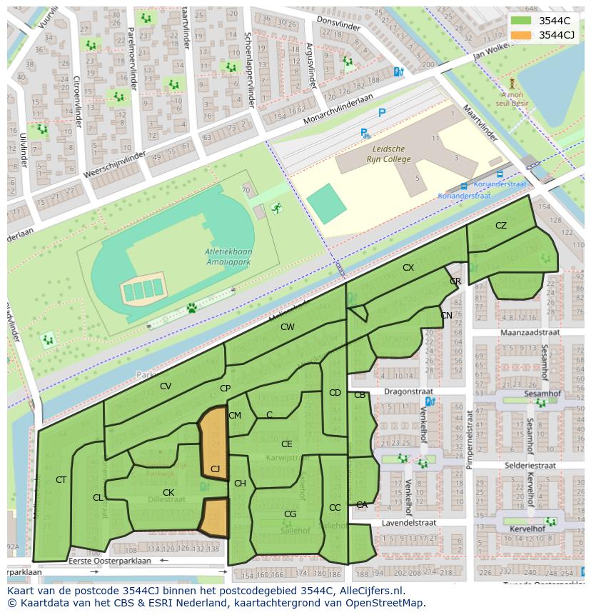 Afbeelding van het postcodegebied 3544 CJ op de kaart.
