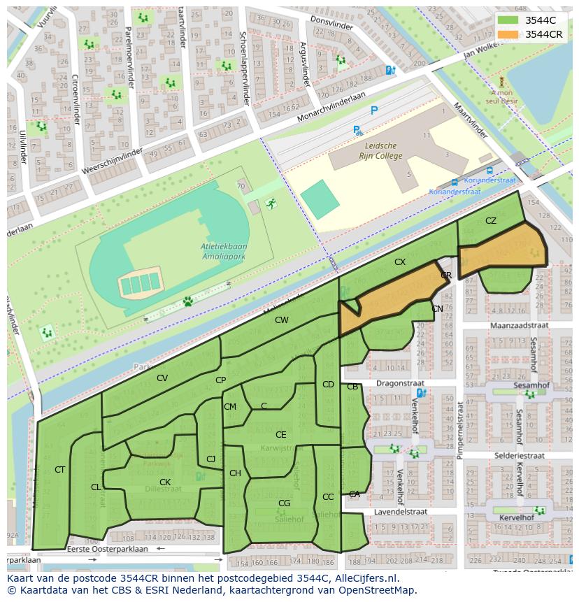 Afbeelding van het postcodegebied 3544 CR op de kaart.