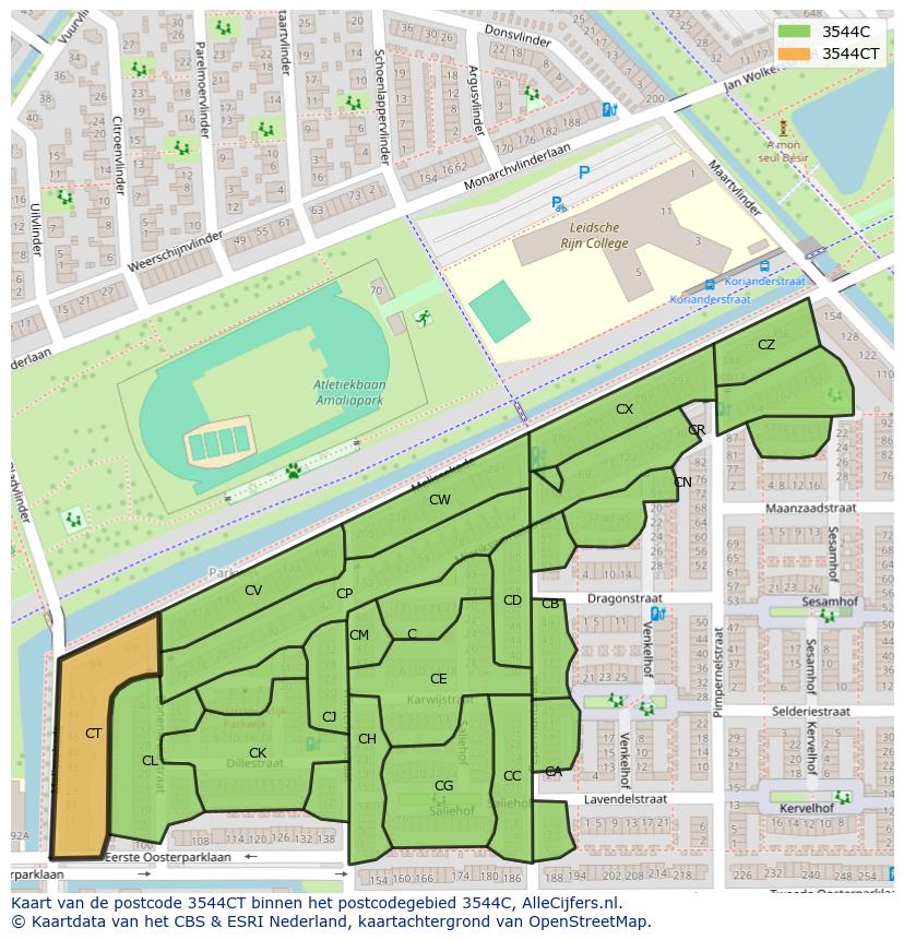 Afbeelding van het postcodegebied 3544 CT op de kaart.