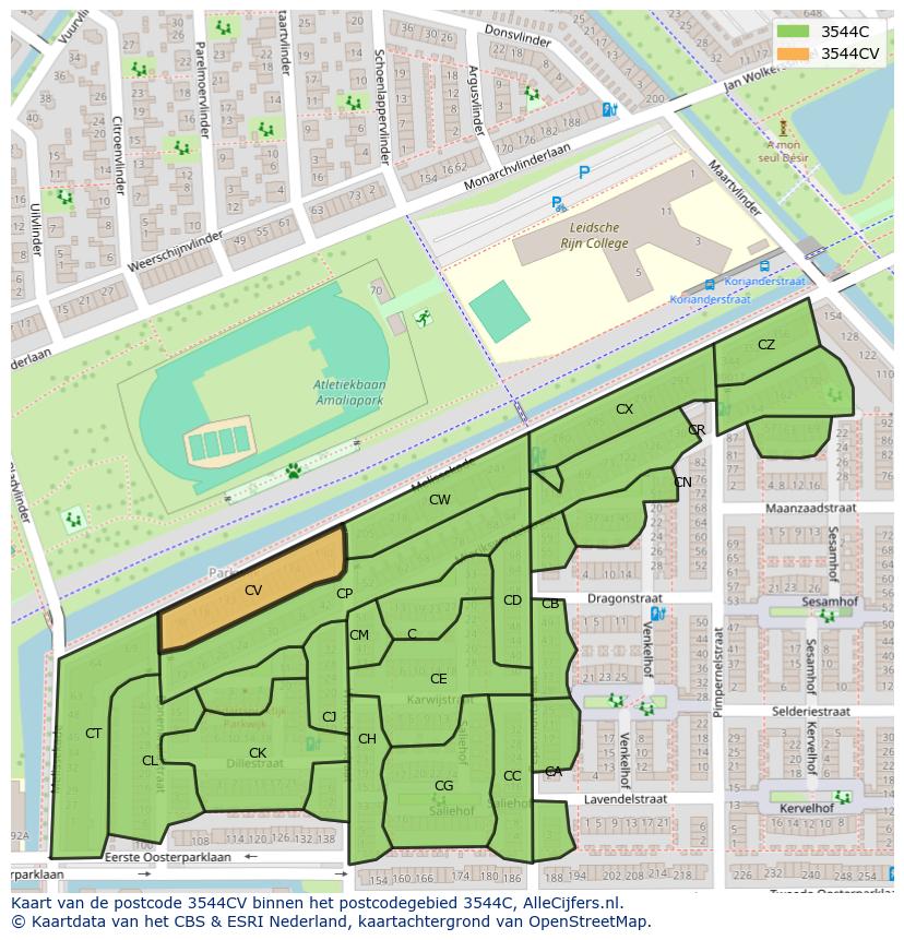Afbeelding van het postcodegebied 3544 CV op de kaart.