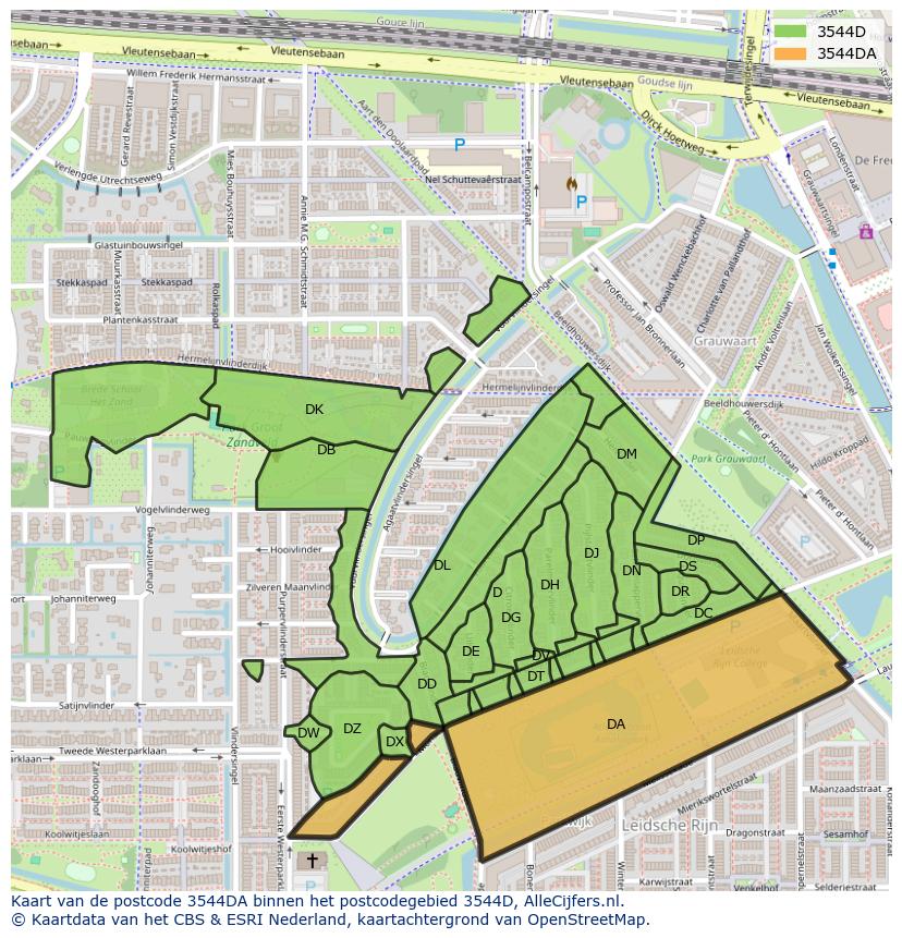 Afbeelding van het postcodegebied 3544 DA op de kaart.