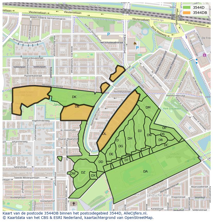 Afbeelding van het postcodegebied 3544 DB op de kaart.