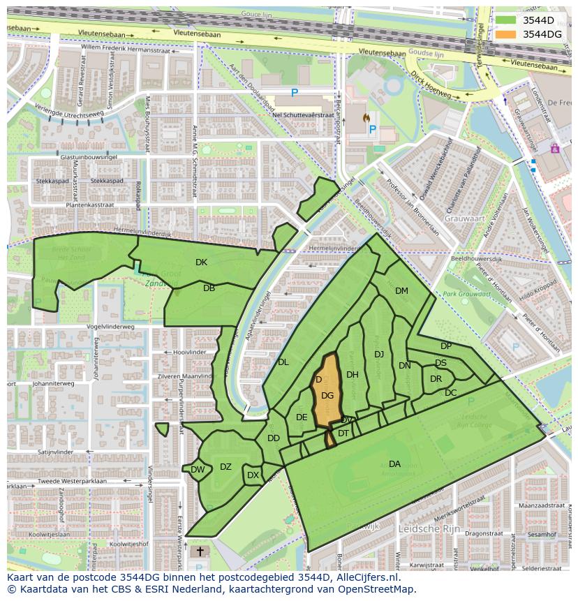 Afbeelding van het postcodegebied 3544 DG op de kaart.