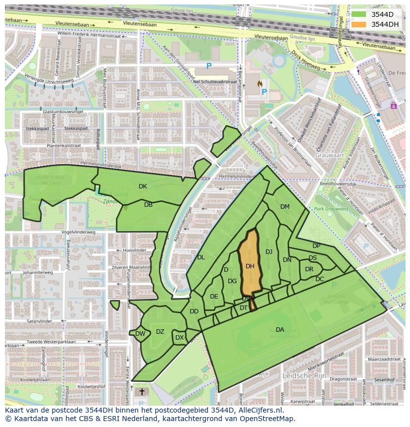 Afbeelding van het postcodegebied 3544 DH op de kaart.