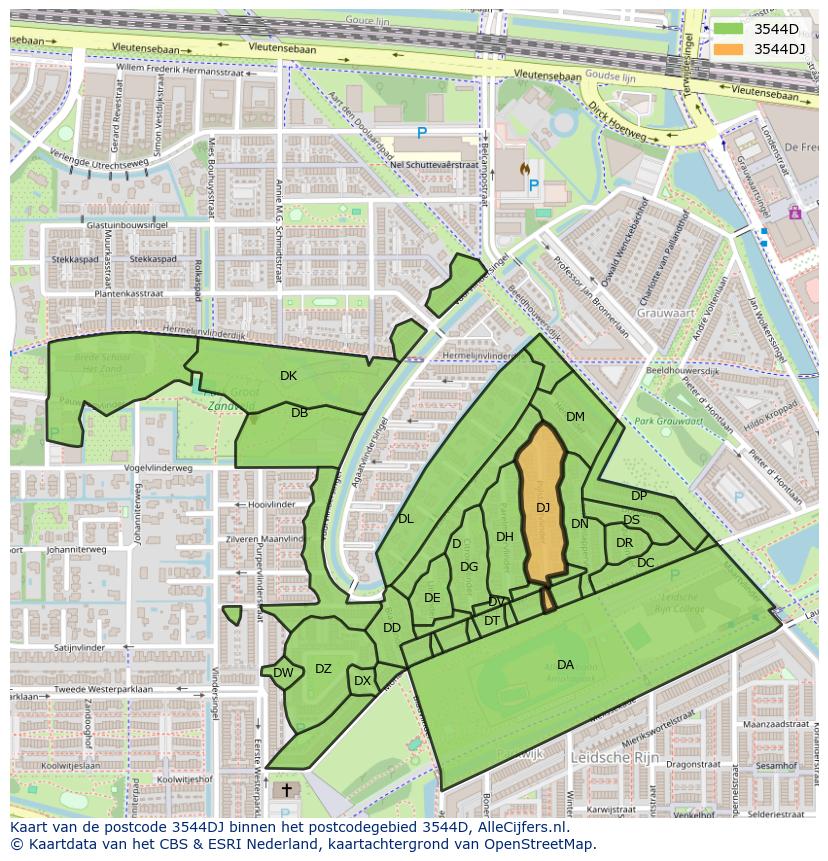 Afbeelding van het postcodegebied 3544 DJ op de kaart.