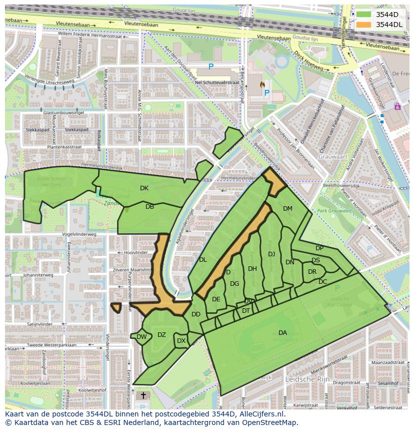 Afbeelding van het postcodegebied 3544 DL op de kaart.