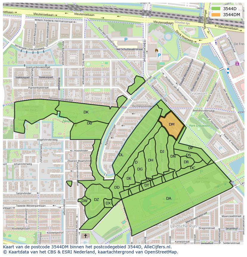 Afbeelding van het postcodegebied 3544 DM op de kaart.