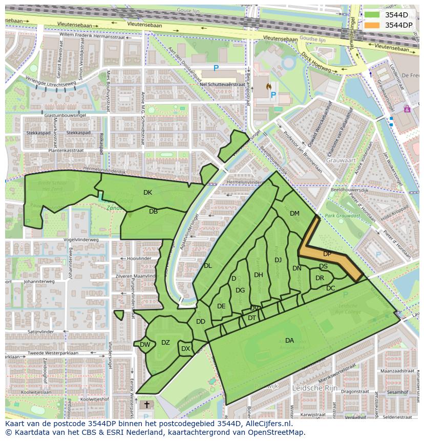 Afbeelding van het postcodegebied 3544 DP op de kaart.