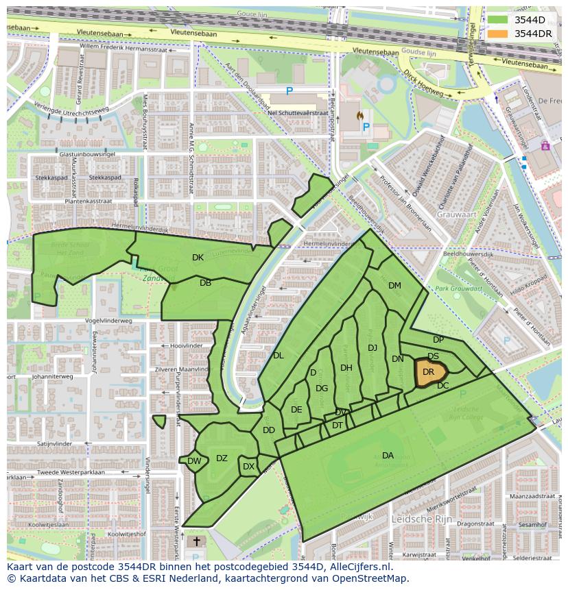 Afbeelding van het postcodegebied 3544 DR op de kaart.