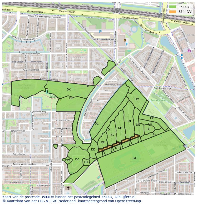 Afbeelding van het postcodegebied 3544 DV op de kaart.
