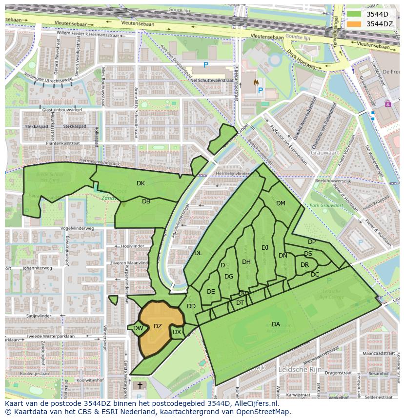 Afbeelding van het postcodegebied 3544 DZ op de kaart.