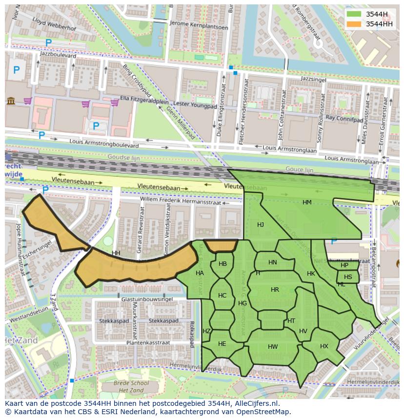 Afbeelding van het postcodegebied 3544 HH op de kaart.