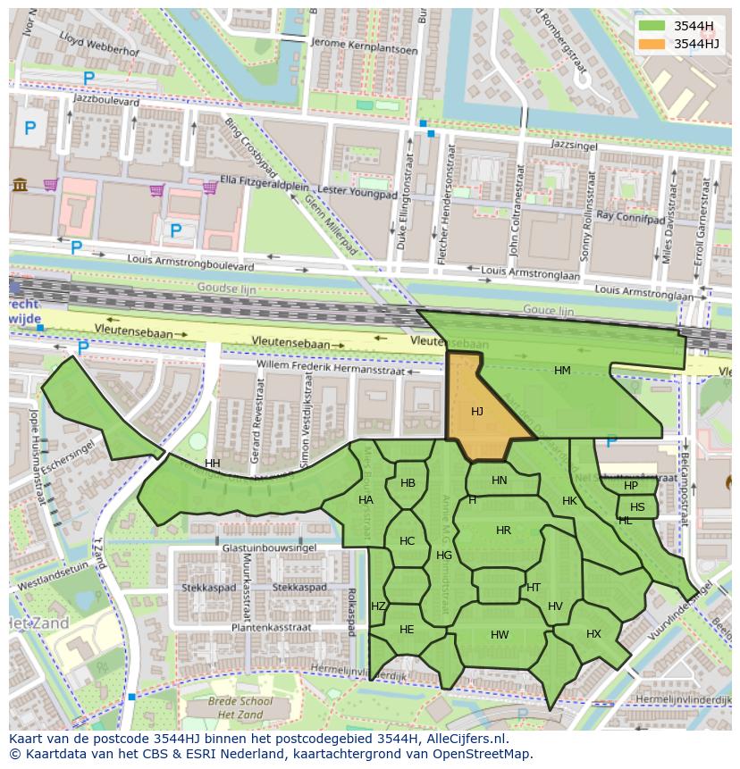 Afbeelding van het postcodegebied 3544 HJ op de kaart.