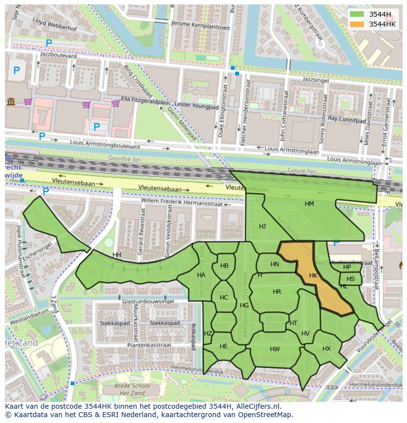 Afbeelding van het postcodegebied 3544 HK op de kaart.