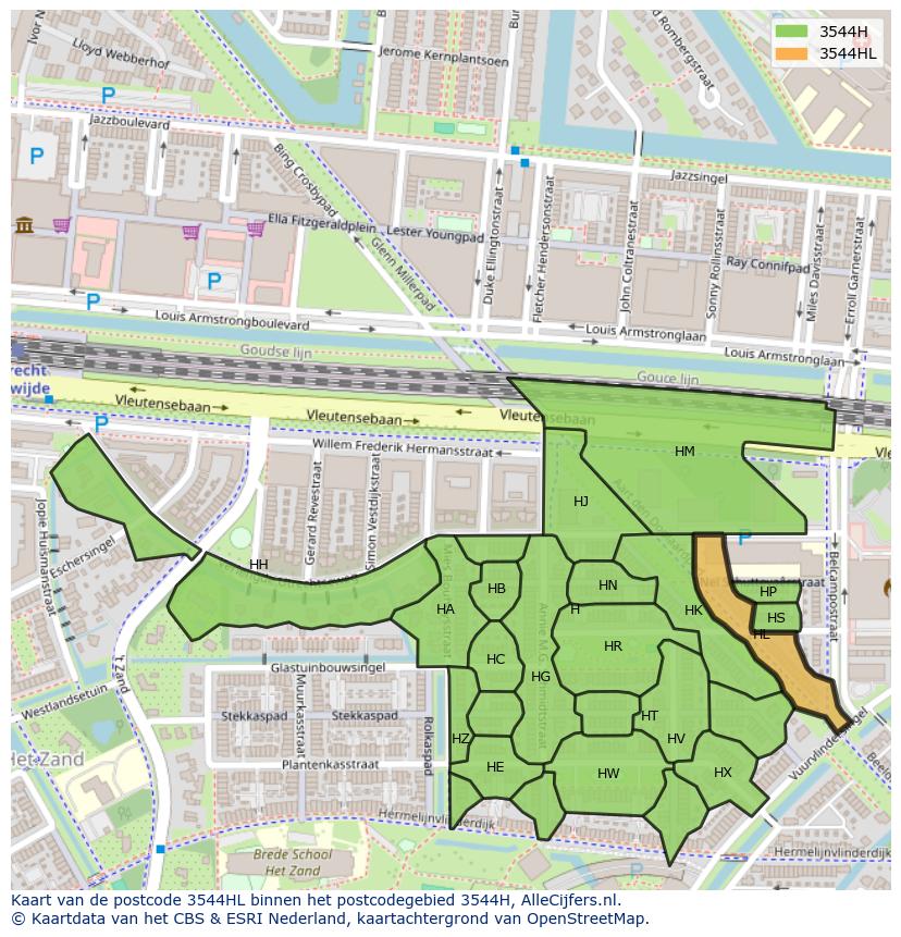 Afbeelding van het postcodegebied 3544 HL op de kaart.
