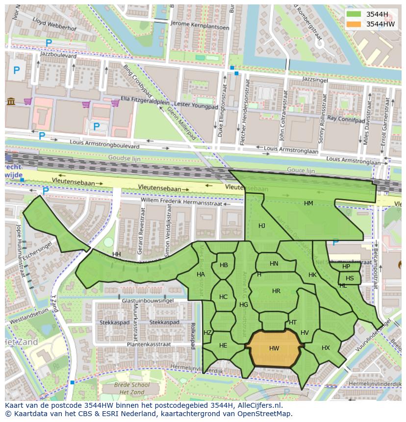 Afbeelding van het postcodegebied 3544 HW op de kaart.