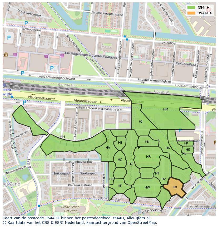 Afbeelding van het postcodegebied 3544 HX op de kaart.