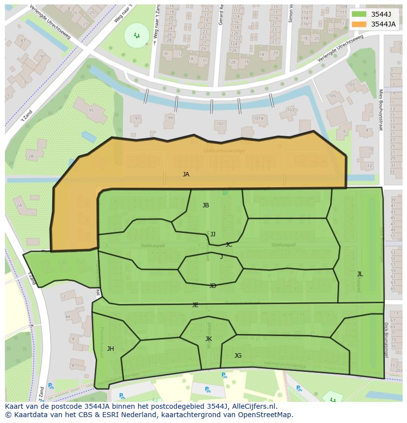 Afbeelding van het postcodegebied 3544 JA op de kaart.