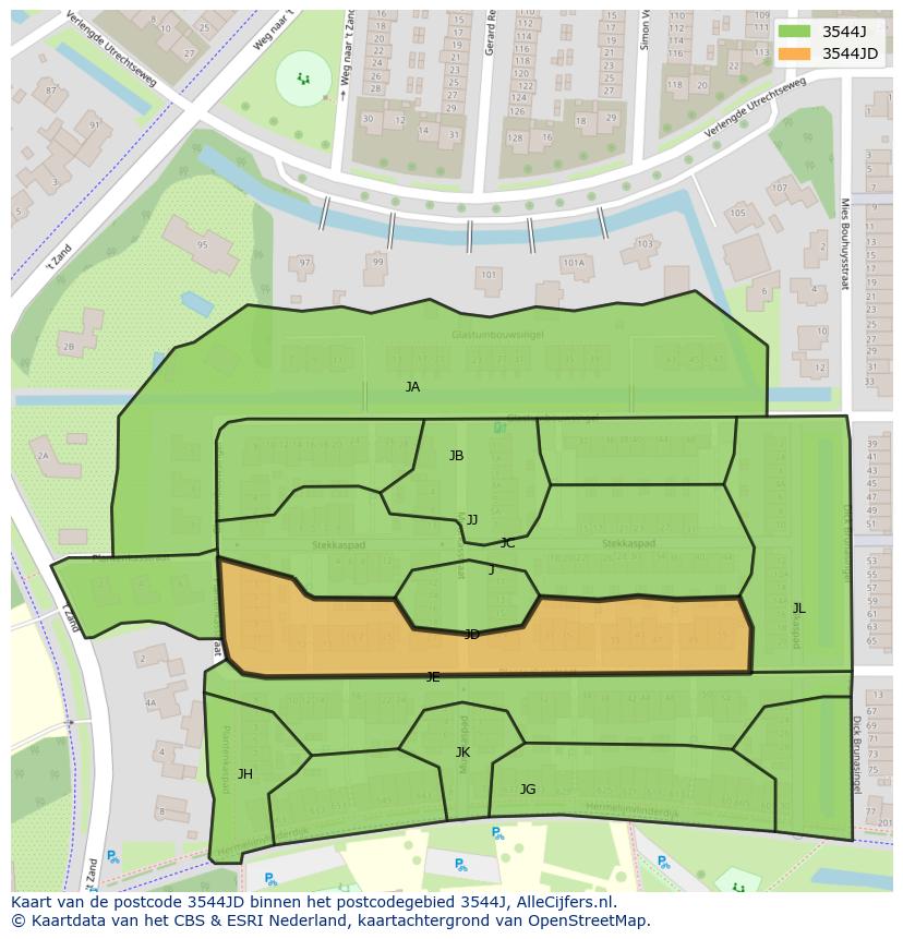 Afbeelding van het postcodegebied 3544 JD op de kaart.