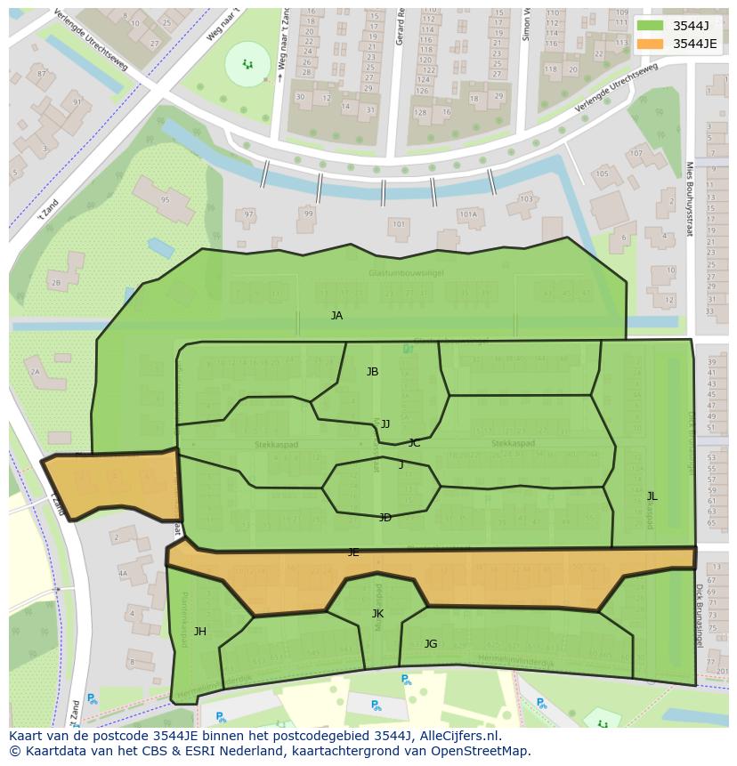 Afbeelding van het postcodegebied 3544 JE op de kaart.