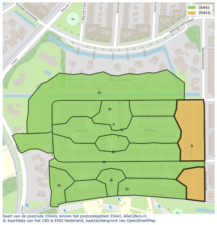 Afbeelding van het postcodegebied 3544 JL op de kaart.