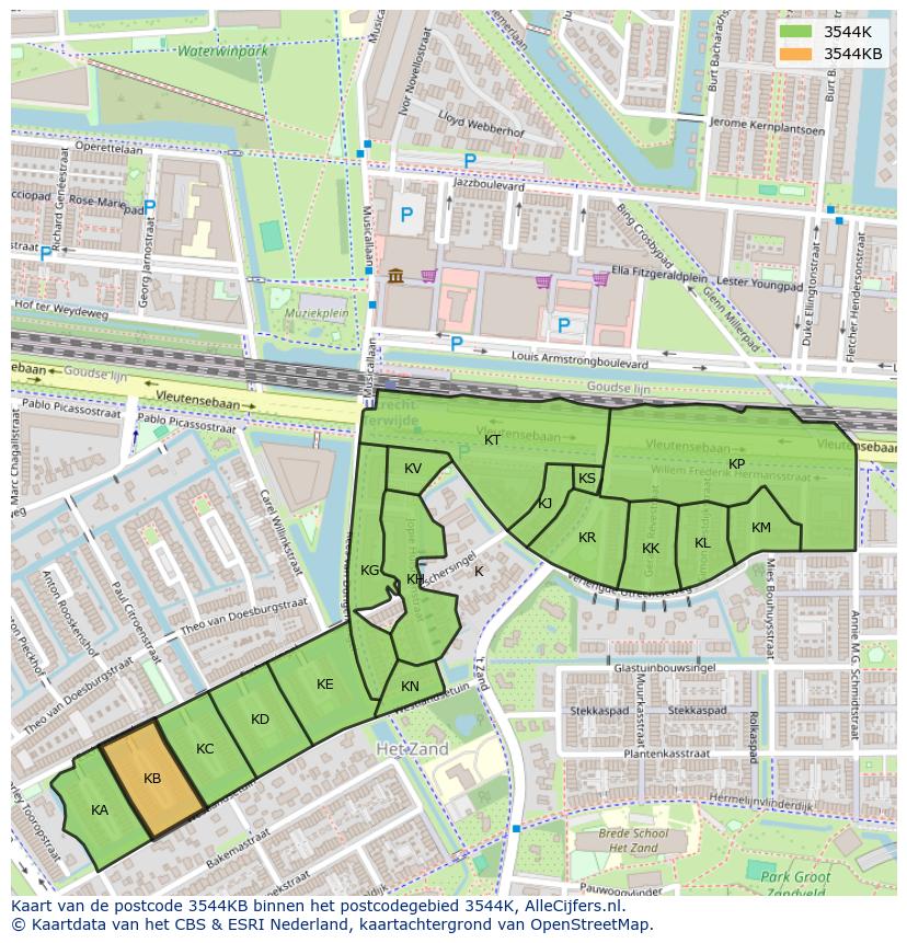 Afbeelding van het postcodegebied 3544 KB op de kaart.