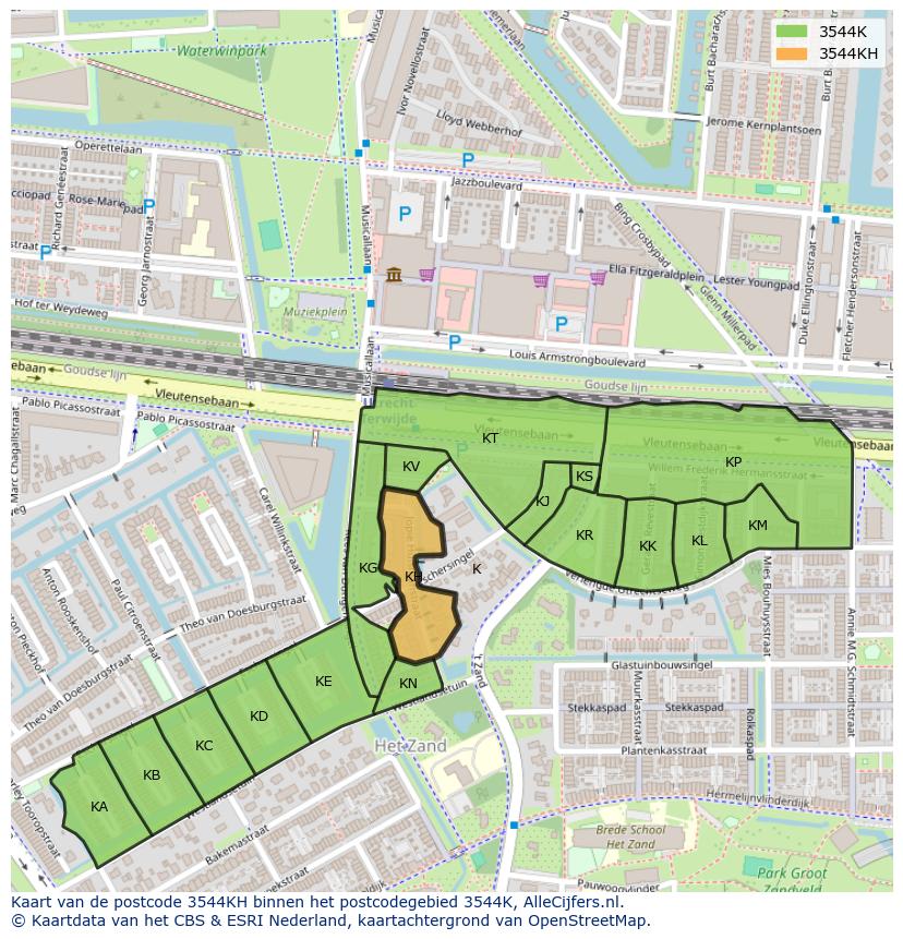 Afbeelding van het postcodegebied 3544 KH op de kaart.