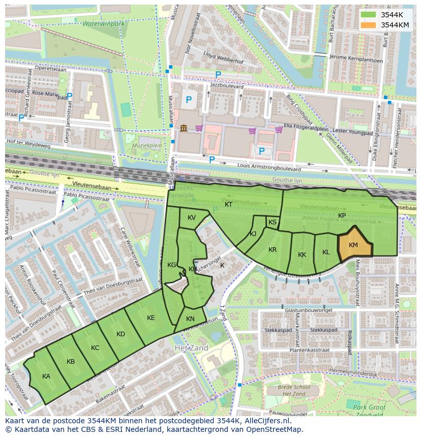 Afbeelding van het postcodegebied 3544 KM op de kaart.