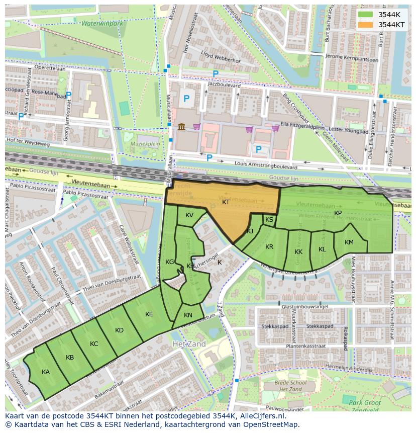 Afbeelding van het postcodegebied 3544 KT op de kaart.